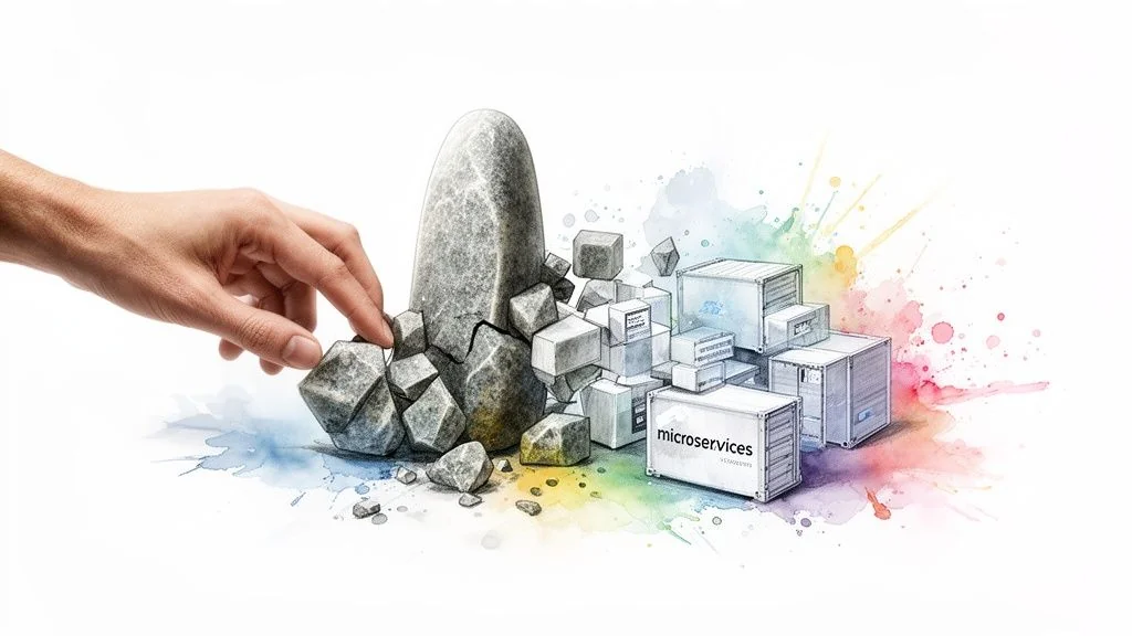 A hand breaks a monolithic rock, transforming it into colorful microservices containers.