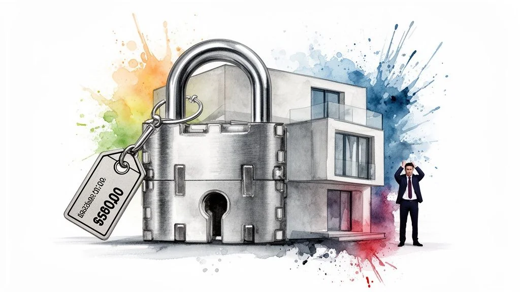 A large padlock with a price tag on a modern house, a distressed businessman watches.