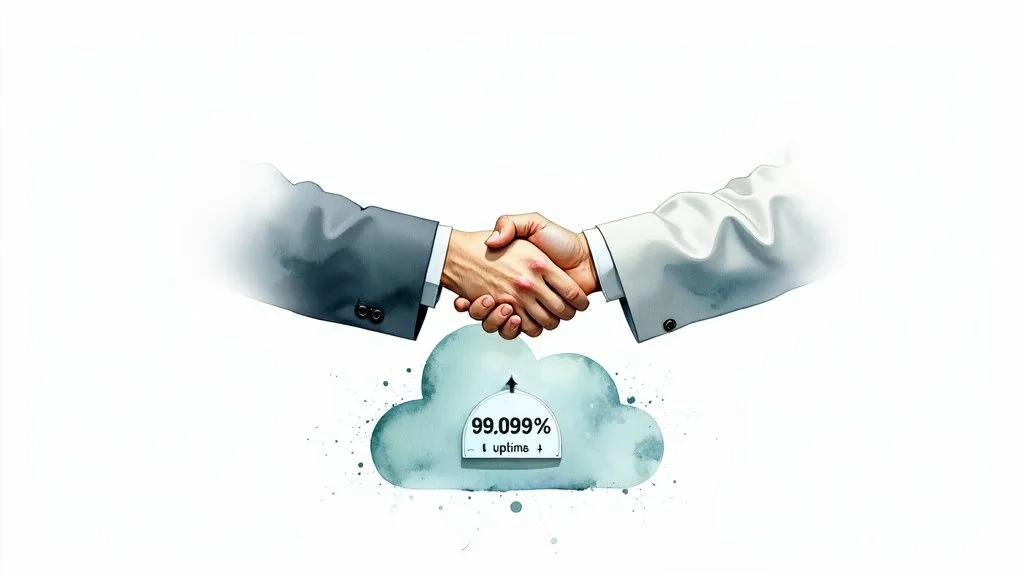 Two business hands shaking above a cloud with '99.099% uptime' text, symbolizing reliable cloud services.