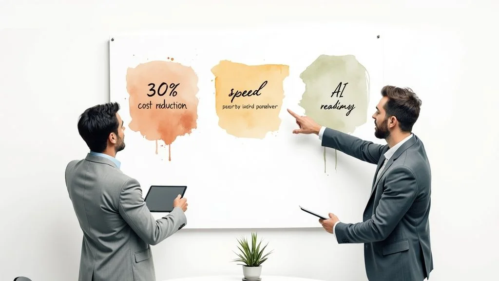 Two men in suits discuss business goals on a whiteboard: cost reduction, speed, and AI readiness.