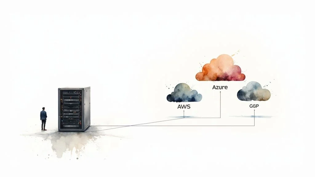 A vertical flowchart illustrating a cloud migration strategy with steps: Start, Retire, Replace, SaaS, Replatform, and Retain.