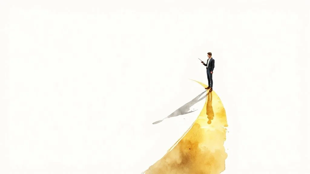 Watercolor illustration of a man in a suit standing on a curving yellow path, holding a tablet.