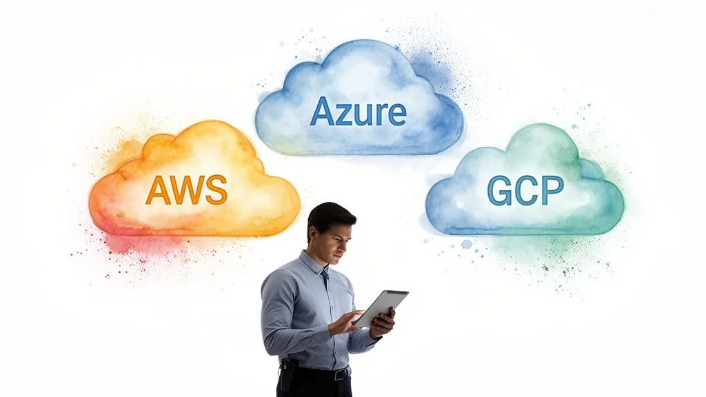 A man using a tablet, with watercolor clouds representing AWS, Azure, and GCP above him.