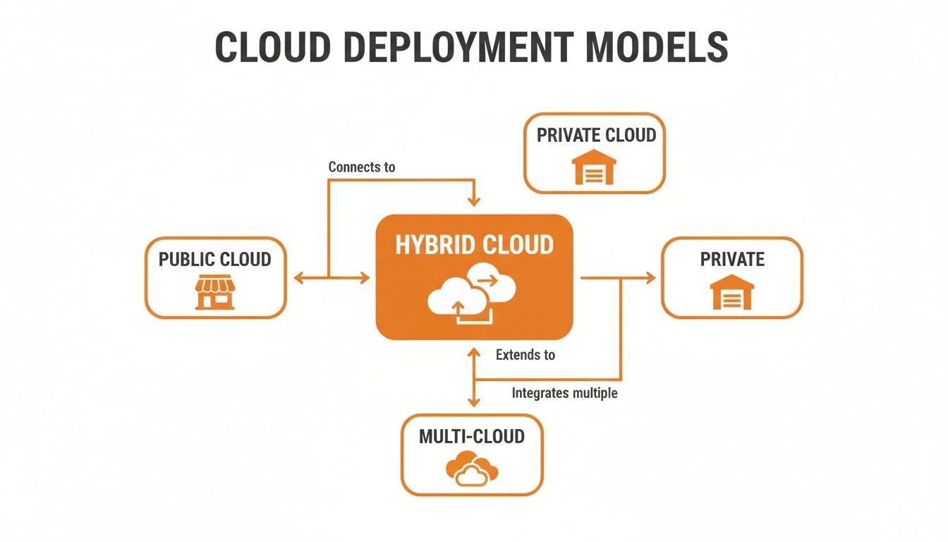 Diagram illustrating cloud deployment models, showing Hybrid Cloud connecting Public, Private, and Multi-Cloud.