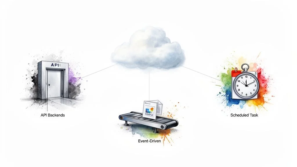 A diagram illustrates a cloud connected to API backends, event-driven processes, and scheduled tasks.